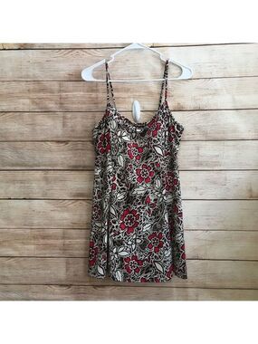 #0043 - Floral Print One-Piece Swimdress in Beige and Red